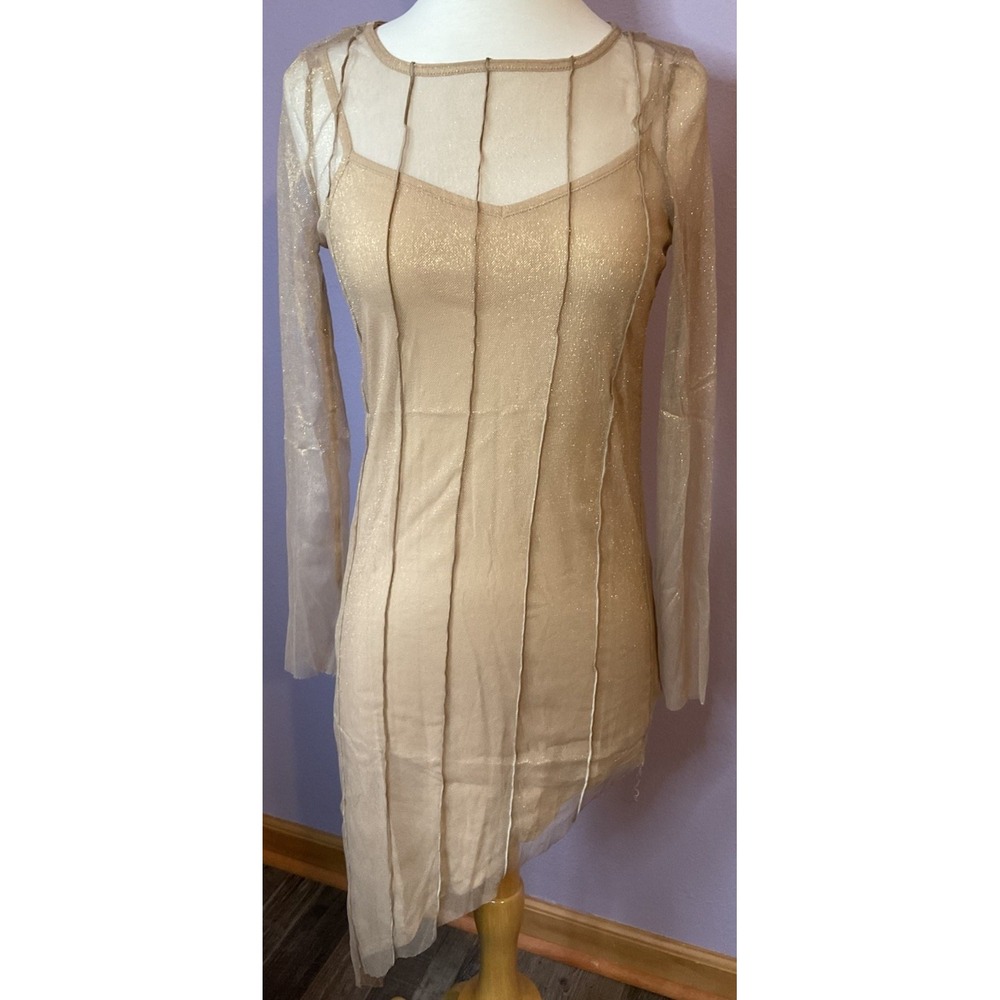 Gold Bodycon Sheer Overlay Dress Edit By Nine‎ Size Small New